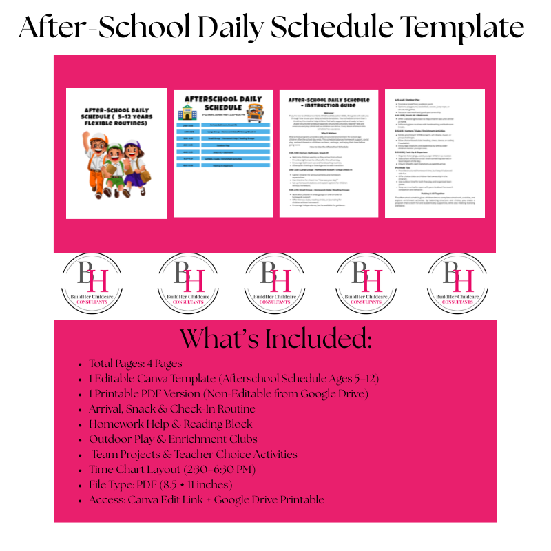 Afterschool Daily Schedule Template | Editable Canva + Printable PDF | BuildHer Childcare Consultants