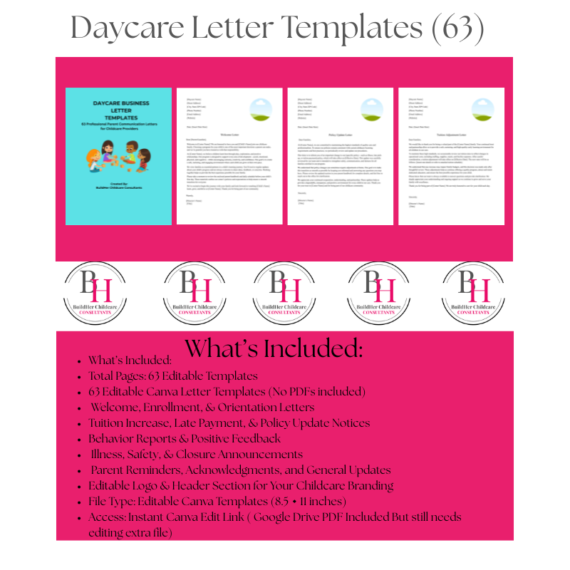 Daycare Letter Templates for Childcare Providers | 63 Editable Canva + Printable PDF Parent Communication Letters | BuildHer Childcare Consultants