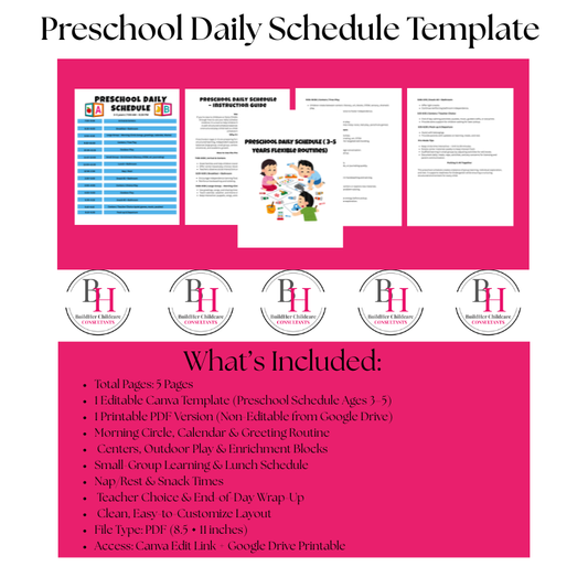 Preschool Daily Schedule Template | Editable Canva + Printable PDF | BuildHer Childcare Consultants