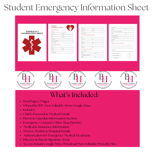 Student Emergency Information Sheet | Printable PDF | BuildHer Childcare Consultants