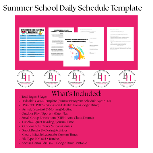 Summer Program Daily Schedule Template | Editable Canva + Printable PDF | BuildHer Childcare Consultants