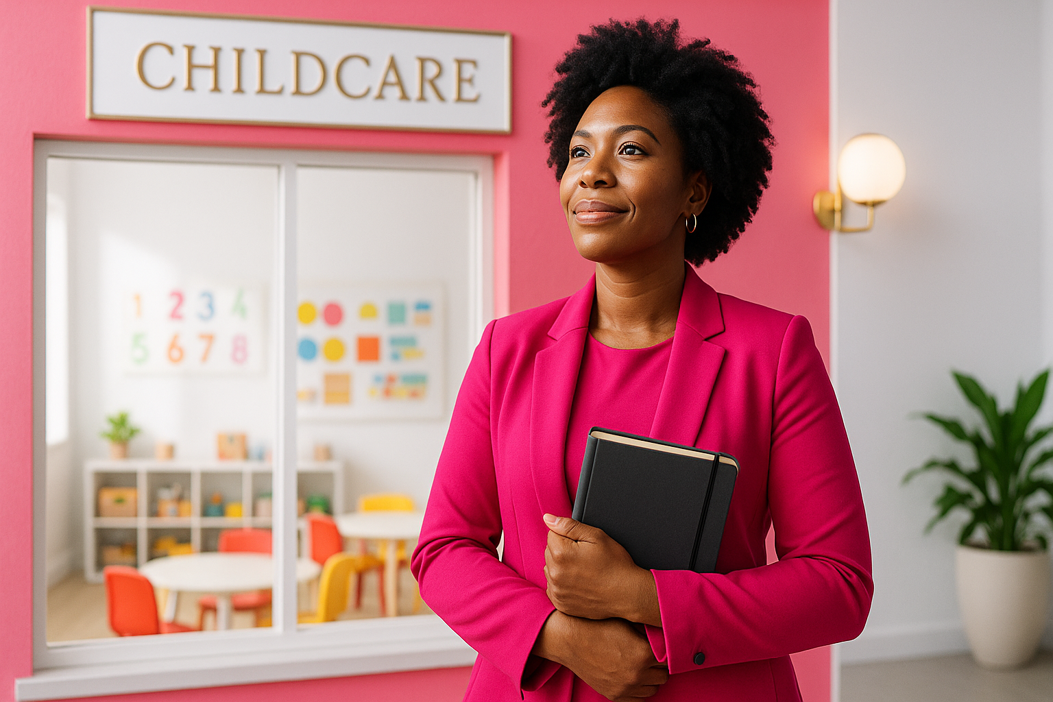 A bright, faith-inspired image of a woman standing confidently in front of her childcare space or holding a notebook, looking hopeful and purposeful. Use vivid pink tones inspired by BuildHer’s brand, white background elements, and soft gray or gold details. The mood should feel inspiring, legacy-focused, and uplifting — representing women building businesses and walking in purpose.
Bright natural lighting, 16:9 aspect ratio, modern and empowering composition.