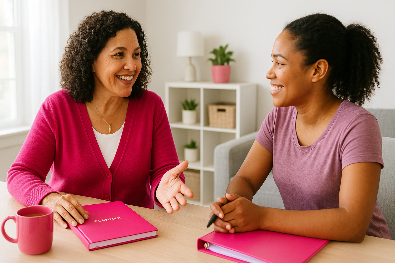 A bright, welcoming photo showing a woman childcare mentor meeting one-on-one with another woman in a cozy home office. Include vivid-pink accents (planner, mug, or binder) inspired by BuildHer’s brand colors, with white walls and light gray furniture. The mood should feel genuine, faith-inspired, and empowering — representing a consultant who helps women start licensed childcare businesses from home.
✅ Aspect ratio: 16:9
✅ Lighting: Bright natural light
✅ Style: Authentic, professional, nurturing