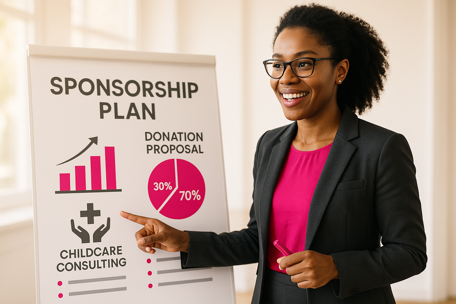 “A professional woman presenting a sponsorship plan or donation, pink (#E90B68), gray (#545454), white (#FFFFFF), and black (#000000) accents. Inspiring, collaborative, and faith-driven atmosphere.” background needs to be a light white. and make sure you use the brand colors