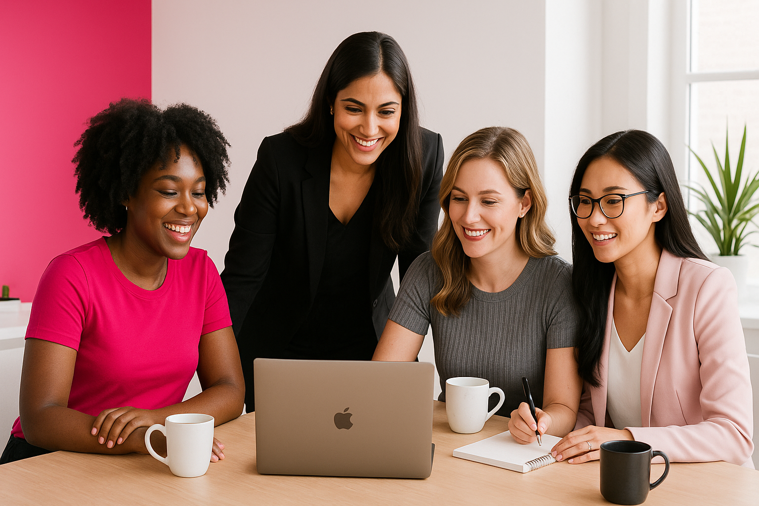 “Bright, professional, and welcoming workspace for women entrepreneurs. Include diverse women collaborating at a modern desk with  coffee. Incorporate BuildHer brand colors: pink (#E90B68), gray (#545454), black (#000000), and white (#FFFFFF). Modern, airy, and feminine aesthetic. Space in the center or top-left for text overlay. bright lighting, clean background, inspiring and empowering atmosphere.”
Size: 1600 x 900 px