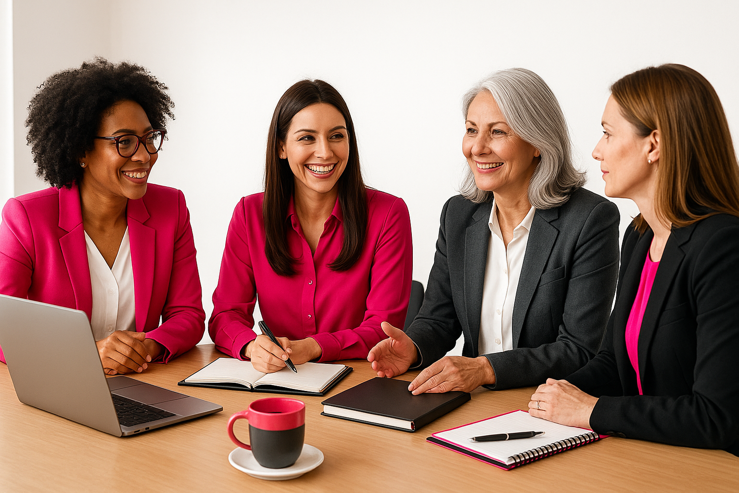 “Professional women in a meeting discussing business collaboration, pink (#E90B68), gray (#545454), white (#FFFFFF), and black (#000000) accents. Modern, warm, and inspiring environment.” make sure the background is bright white