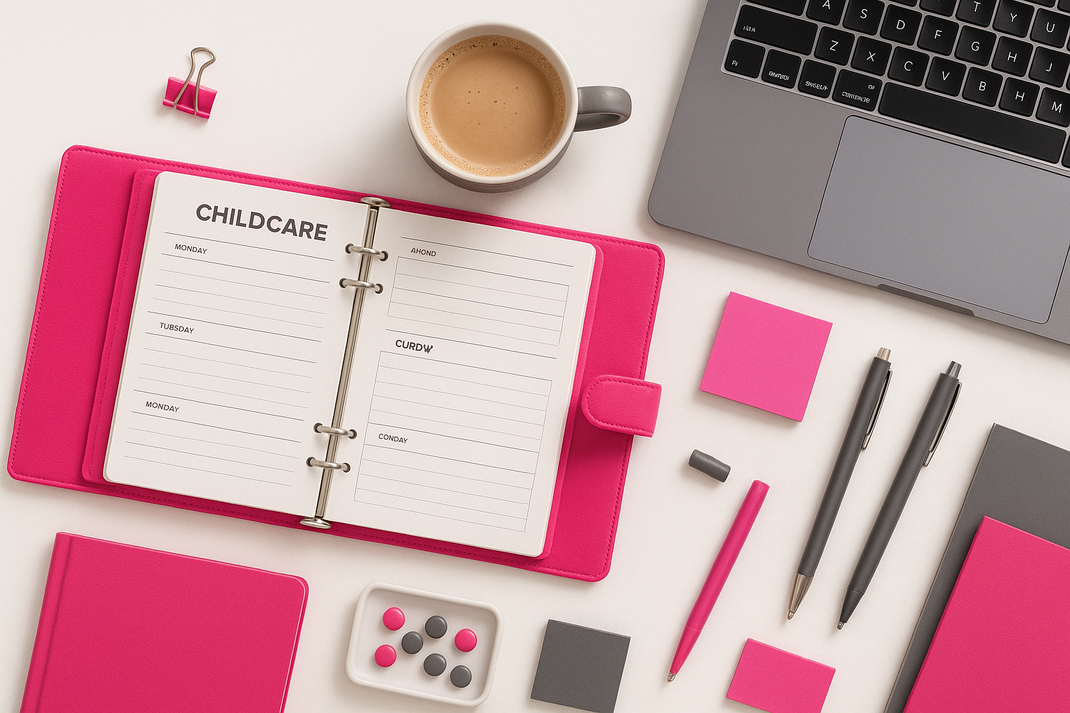 “childcare workspace flat lay with pink planner, laptop, coffee, white background, soft feminine business aesthetic, BuildHer brand pink e90b68 and gray 545454”